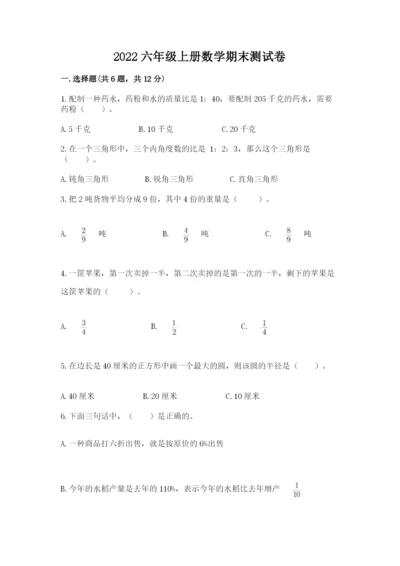 2022六年级上册数学期末测试卷（名校卷）.docx