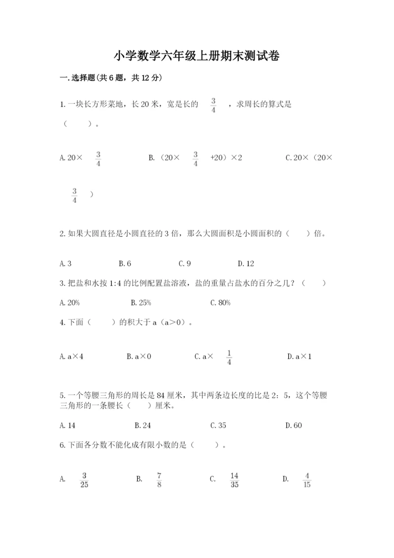 小学数学六年级上册期末测试卷（夺冠系列）word版.docx