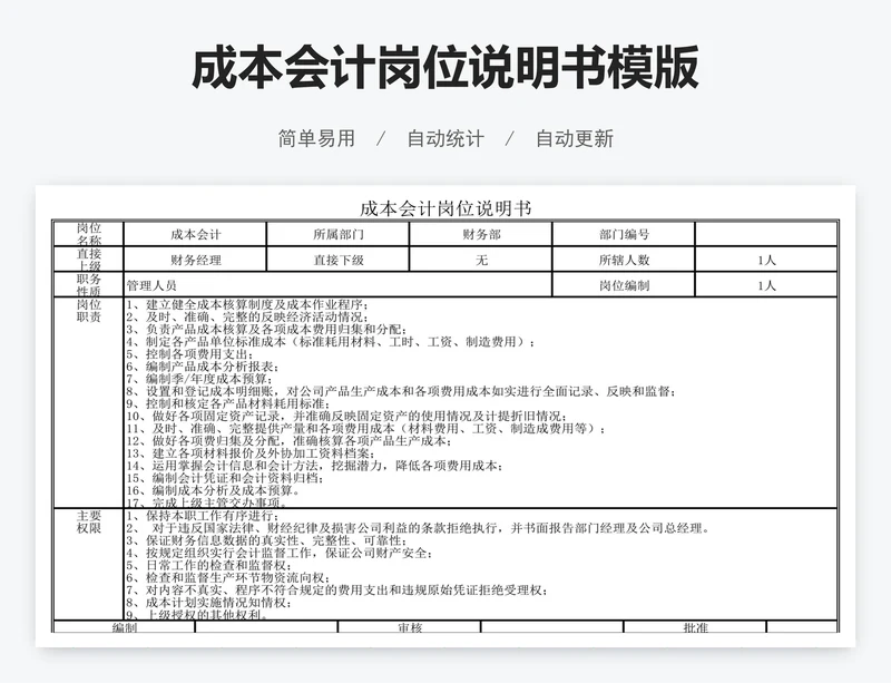 成本会计岗位说明书模版