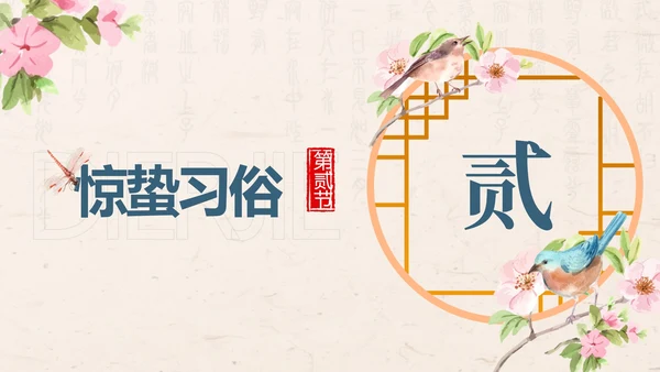 黄色中国风花鸟二十四节气之惊蛰带内容PPT模板