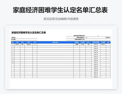 简约蓝色家庭经济困难学生认定名单汇总表