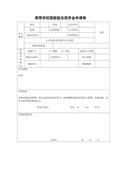 高等学校国家励志奖学金申请表