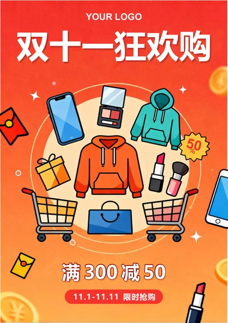 橙红色扁平风双十一电商营销活动海报
