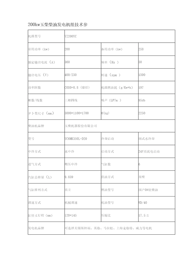 200kw玉柴柴油发电机组技术参数