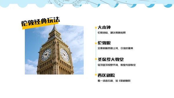 蓝色简约插画风欧洲旅游攻略PPT模板
