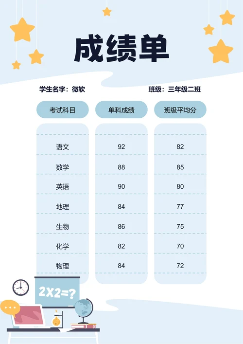 浅蓝色卡通插画成绩单