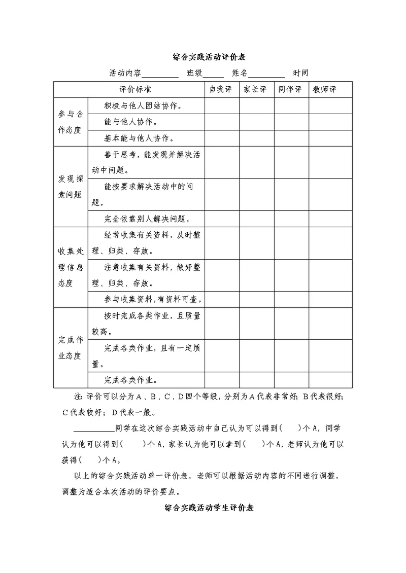 综合实践活动评价表