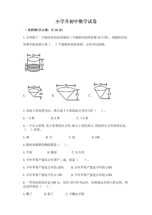 小学升初中数学试卷考试直接用