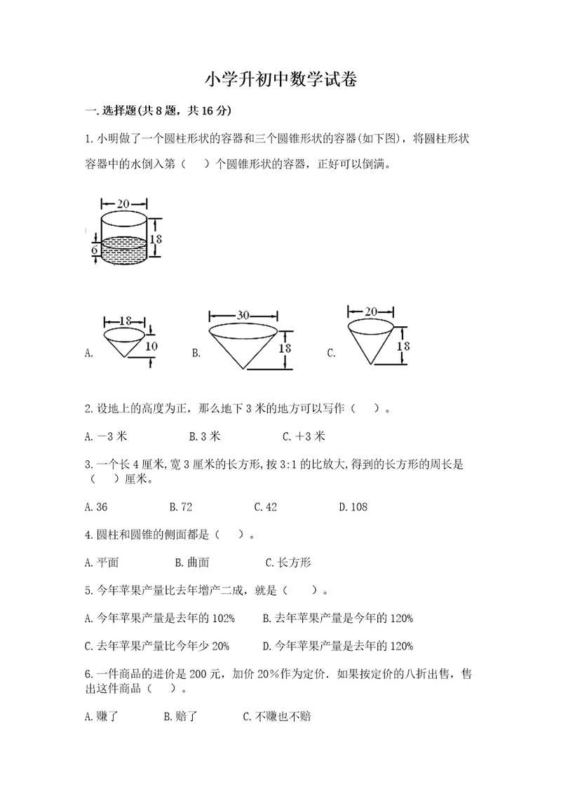 小学升初中数学试卷考试直接用