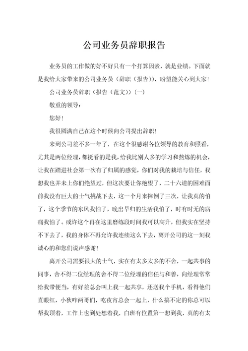 公司业务员辞职报告