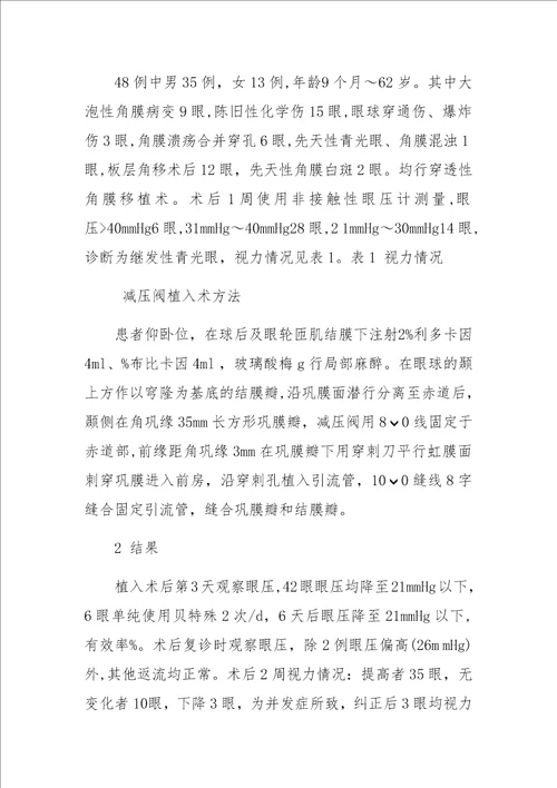 减压阀安置治疗角膜移植术后继发性青光眼的整体化护理