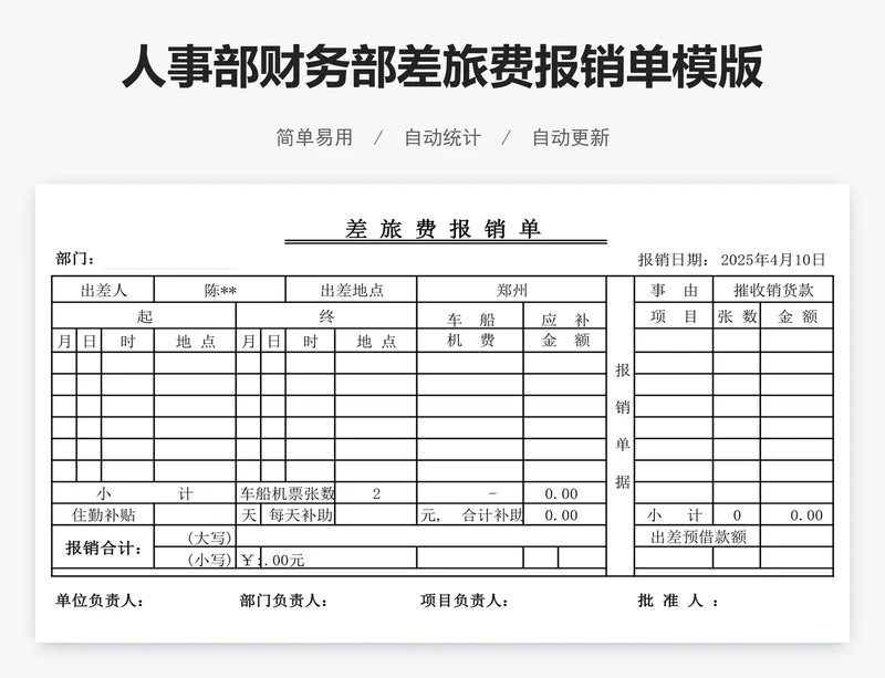 人事部财务部差旅费报销单模版