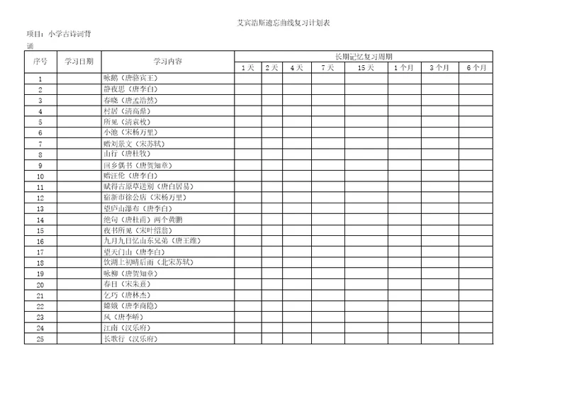 艾宾浩斯遗忘曲线小学古诗背诵计划表