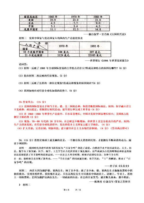 高三历史高考模拟试题及答案