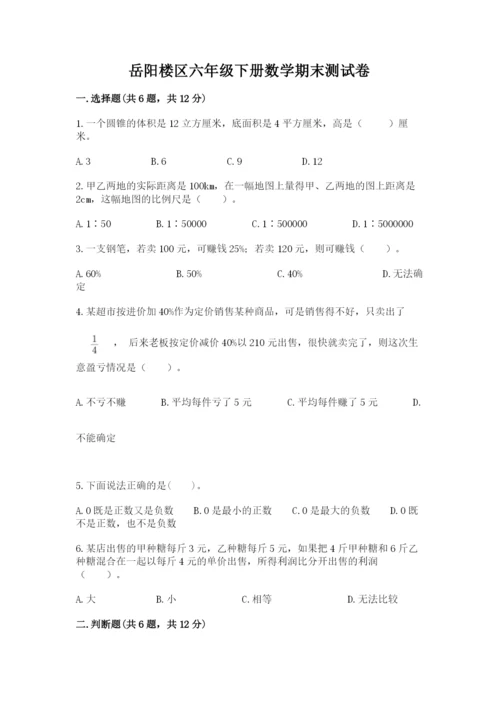 岳阳楼区六年级下册数学期末测试卷一套.docx