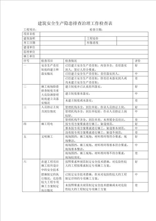 建筑工程质量安全检查表