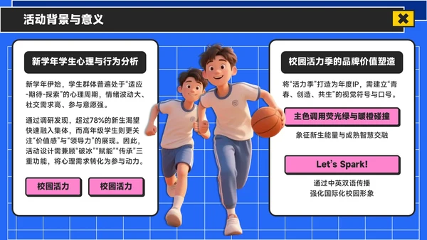 蓝黄色潮流风活力校园季：新学年活动安排与创意策划PPT模板