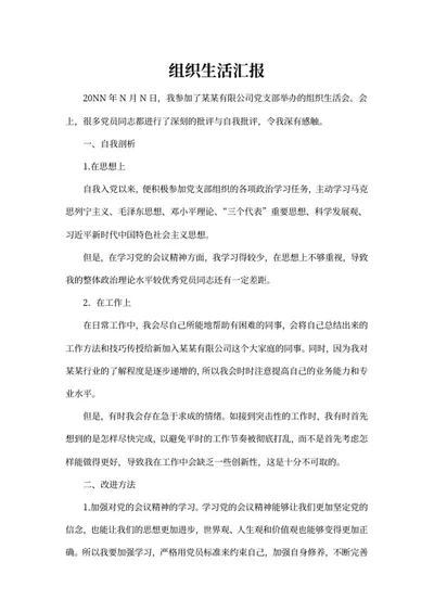 公司党支部党员生活汇报word模板