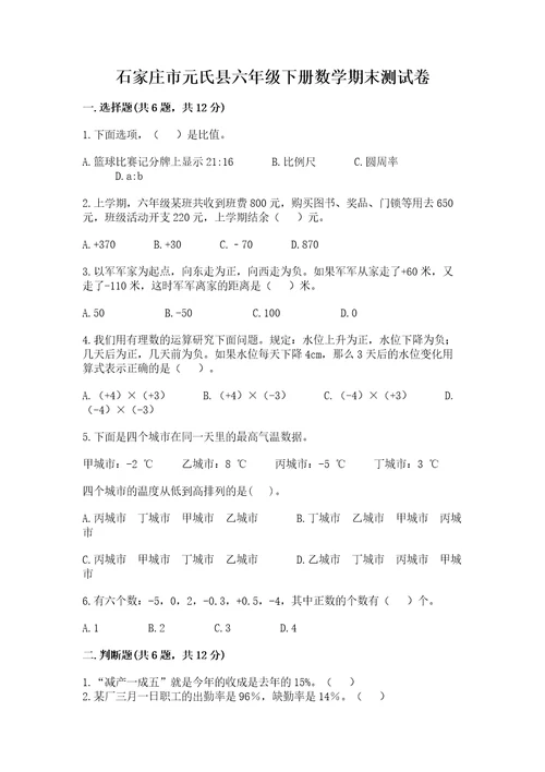 石家庄市元氏县六年级下册数学期末测试卷完整