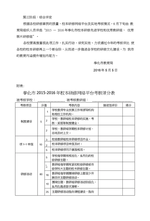 奉化市中小学（幼儿园）校本研修考核方案