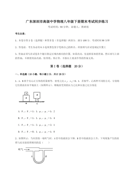 专题对点练习广东深圳市高级中学物理八年级下册期末考试同步练习B卷（解析版）.docx