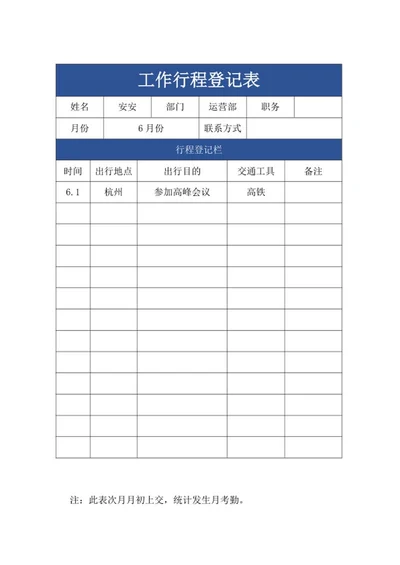 公司员工行程登记表word模板