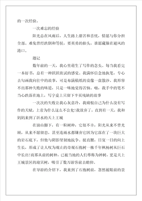 2022年一次难忘的经历作文800字