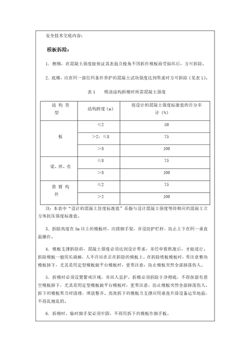 模板工安全技术交底书