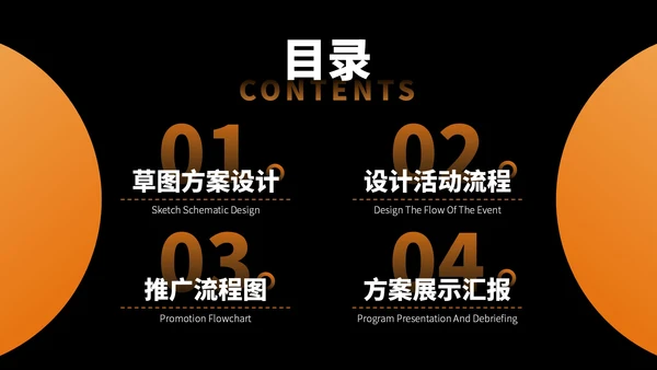 黑橙色简约风目录页PPT版式合集