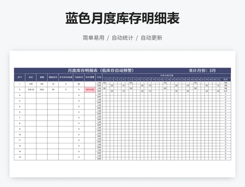 蓝色月度库存明细表