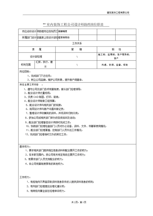 某室内装饰工程公司设计部设计师助理岗位职责