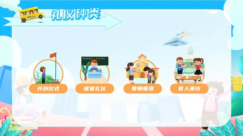 蓝色橙色卡通风校园文明礼仪先行校园不文明行为PPT模板