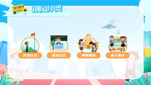 蓝色橙色卡通风校园文明礼仪先行校园不文明行为PPT模板