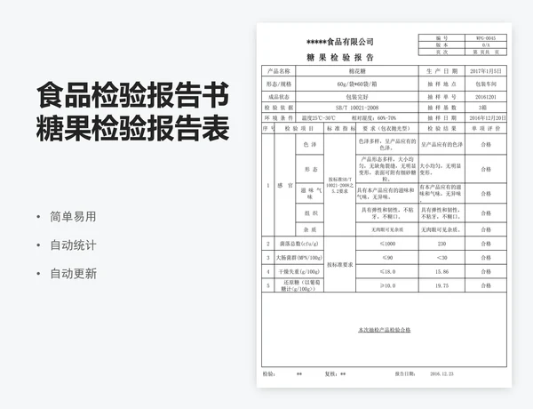 食品检验报告书糖果检验报告表模