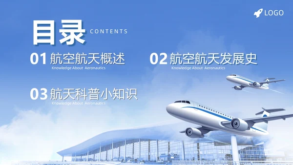 实拍风蓝色航空航天知识飞机飞行器科普PPT课件