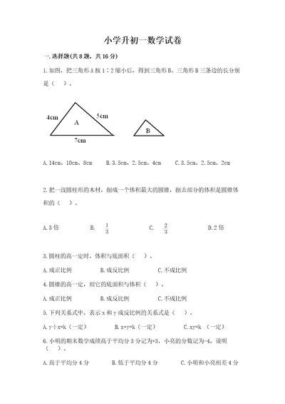 小学升初一数学试卷（精华版）