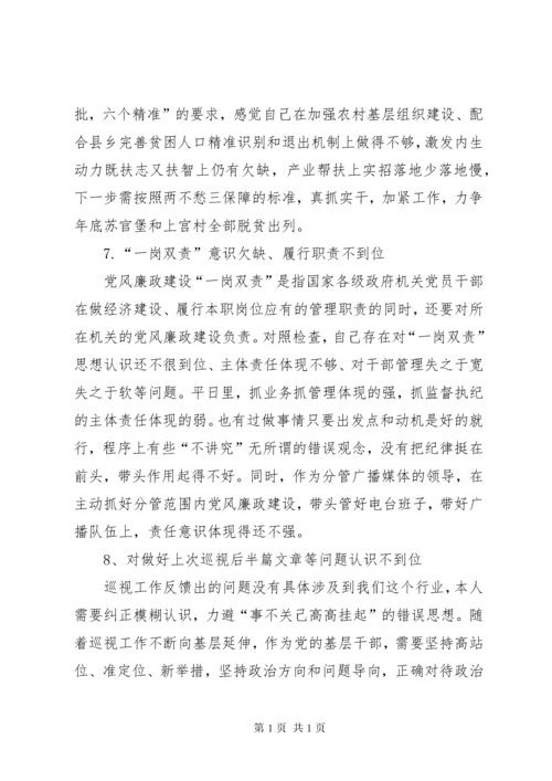 市纪委书记在巡视整改专题民主生活会上的个人对照检查材料.docx