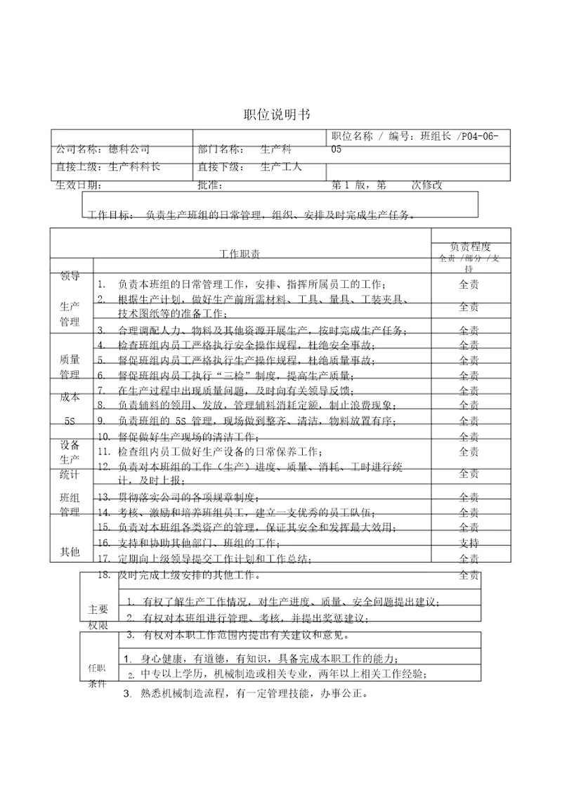 德科制造部及各岗位职位说明书2000006