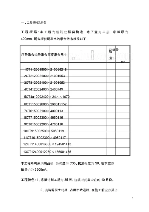 某工程大体积混凝土施工方案