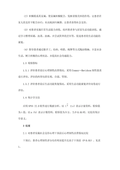 社会支持性心理干预对精神分裂症患者心理韧性及社会功能康复的影响