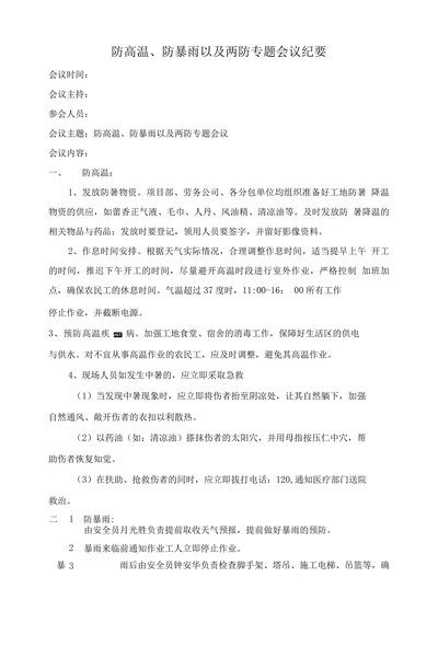 防高温、防暴雨以及两防专题会议纪要