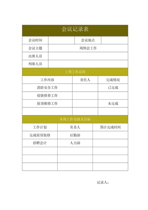 周工作总结会议记录表word模板