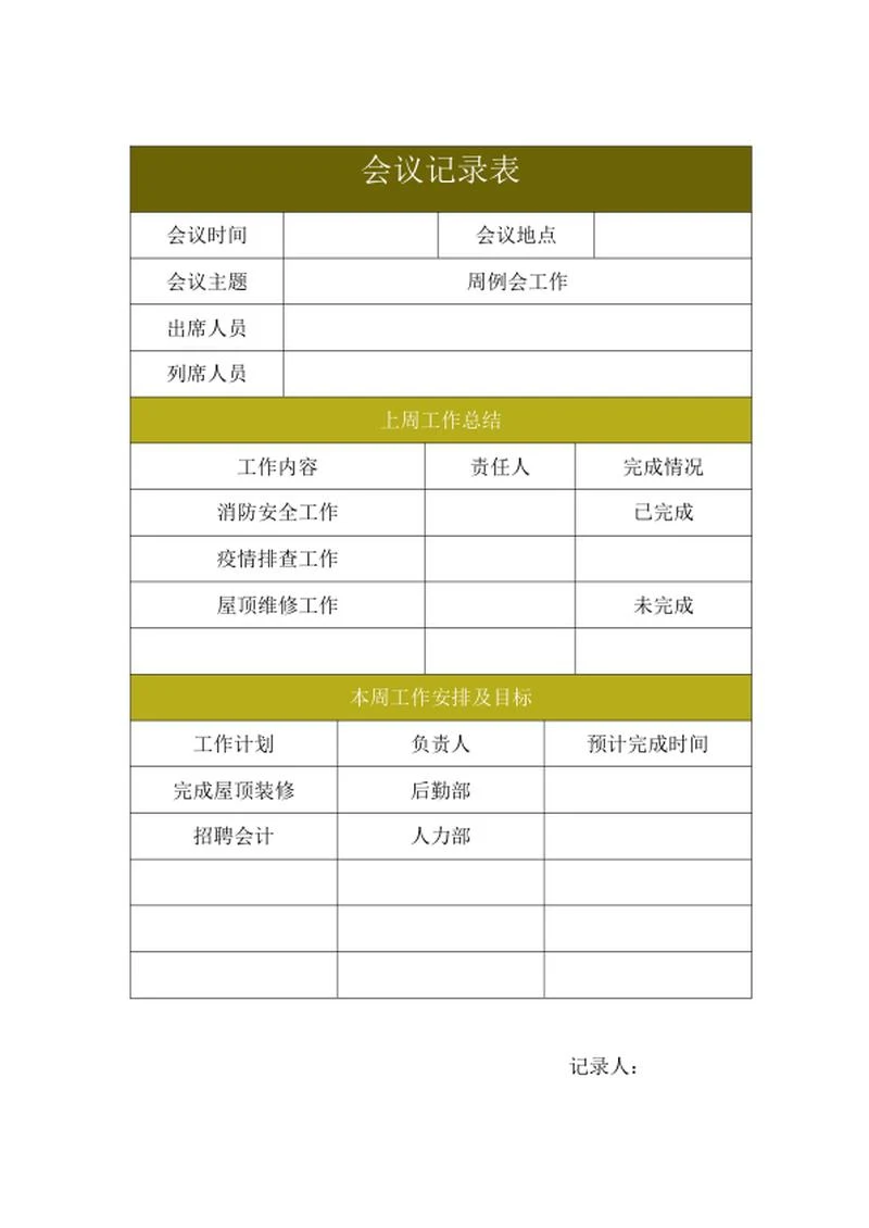 周工作总结会议记录表word模板