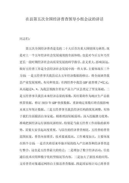 在县第五次全国经济普查领导小组会议的讲话