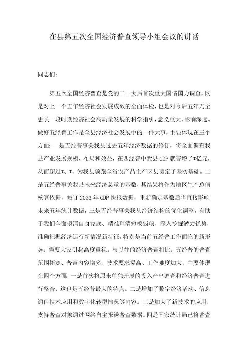 在县第五次全国经济普查领导小组会议的讲话