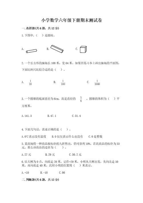 小学数学六年级下册期末测试卷（能力提升）wod版