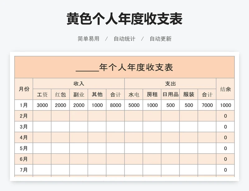 黄色个人年度收支表