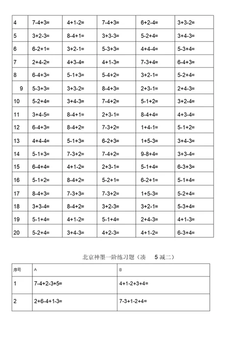 珠心算一阶练习题直加直减