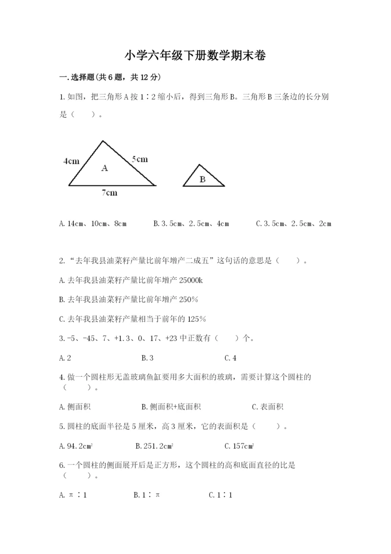 小学六年级下册数学期末卷【各地真题】.docx