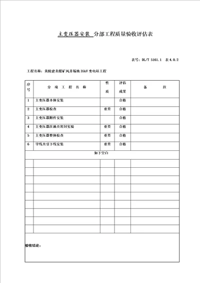 主变压器系统设备安装单位关键工程质量验收评定表